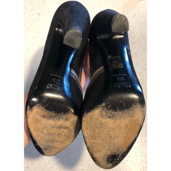 Prada Black Suede DECO Leather Trim Heels 37.5 7 - Picture 6 of 8